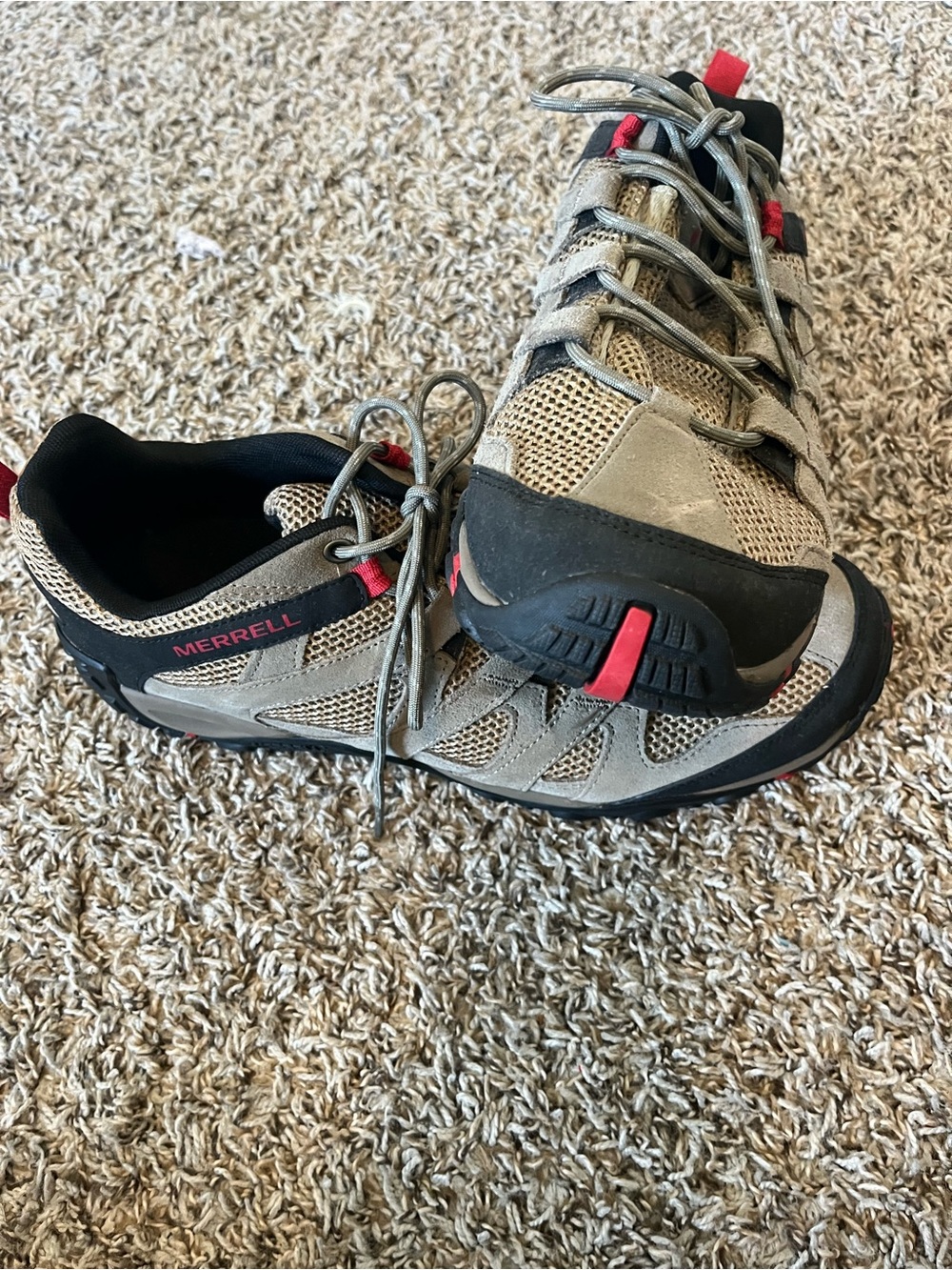 Merrell Men's Beige Mesh Trail Sneakers with Black and Red Accents